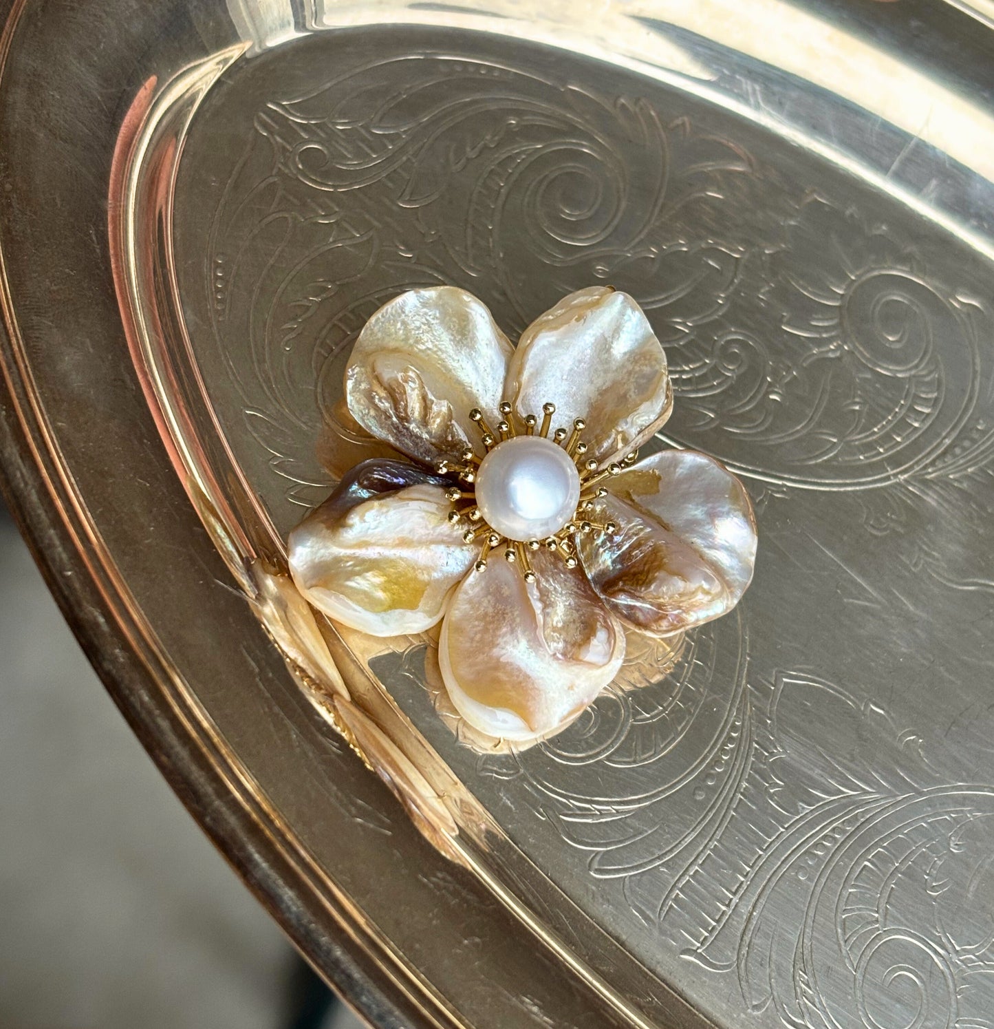 Gilded Petal Pearl Brooch