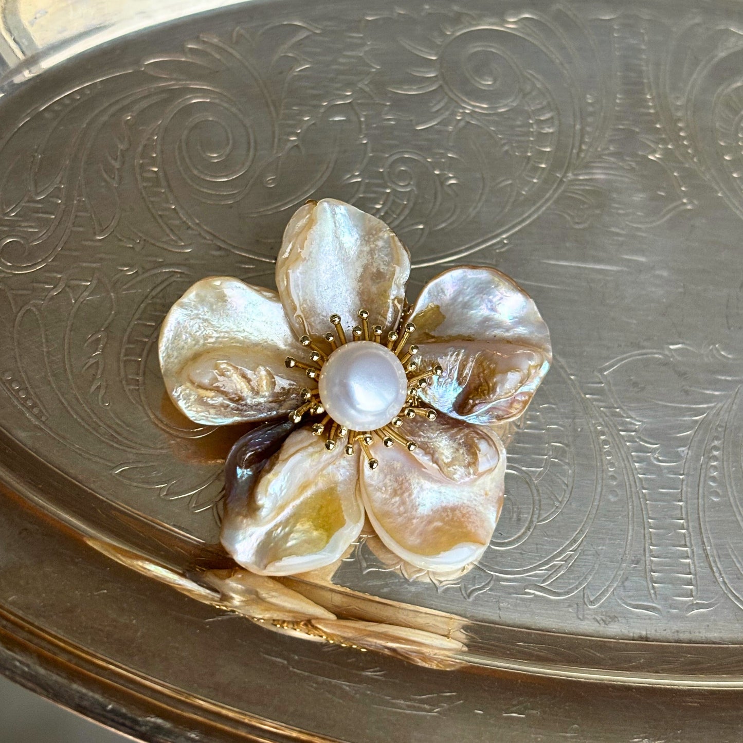 Gilded Petal Pearl Brooch